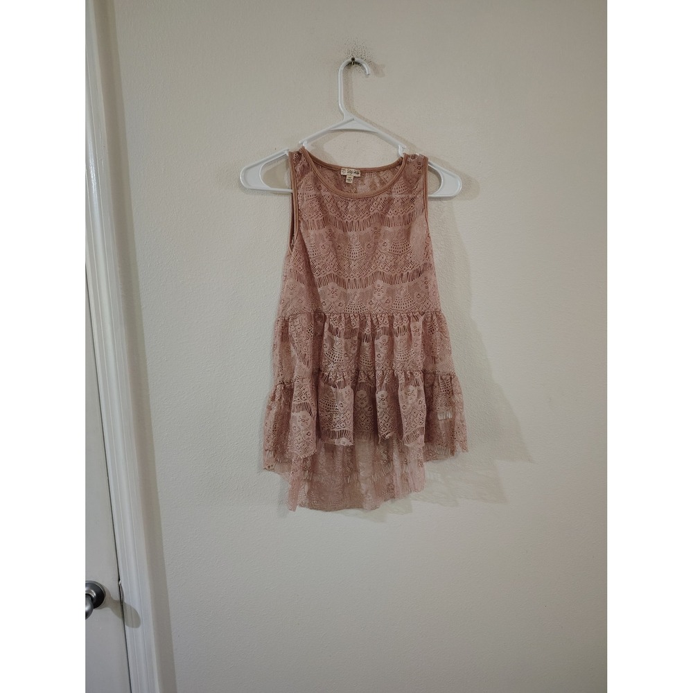 Lily White Womens XS Pink Lace Tiered Ruffle High Low Sleeveless Boho Top